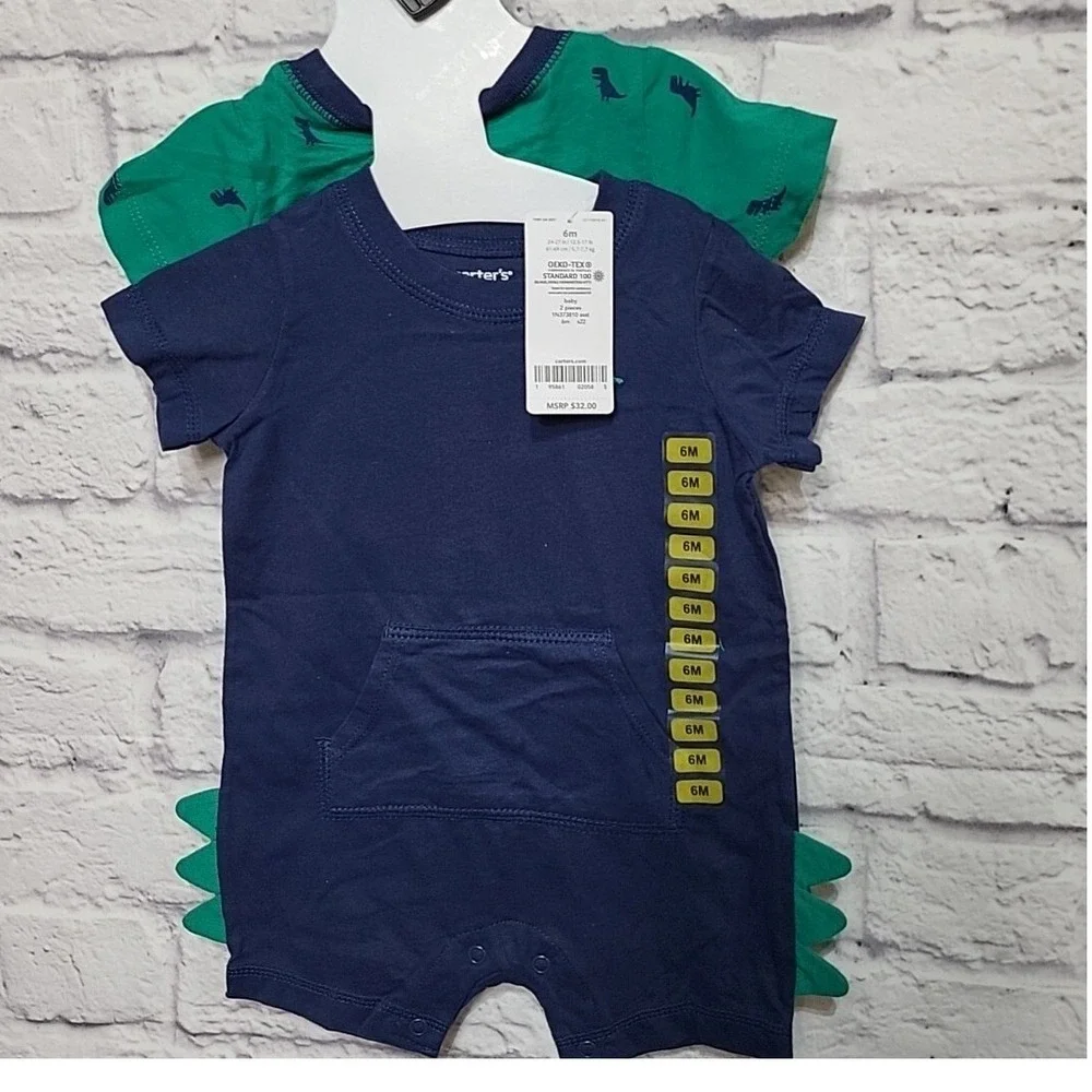 Carters Baby Boy 6M Dinosaur Romper Set 2 Pack Navy Green 3D Spikes Snaps NEW